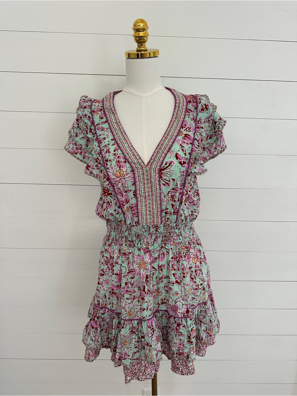 Poupette St. Barth Mint & Lavender Floral V-Neck Ruffle Mini Dress/Cover-Up